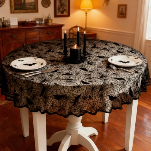 Halloween Lace Tablecloth 70x52 Inch Black Bat Spider Web Gothic Decor for Fall Parties