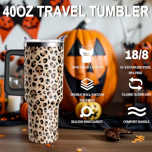 Halloween 03 40oz Skeleton Skull Tumbler with Handle - Spooky Leopard Pattern