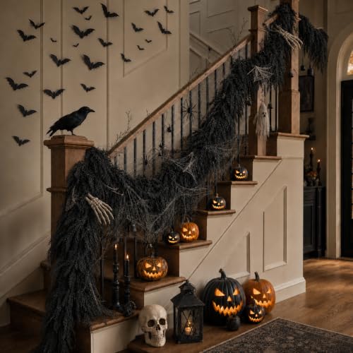 Black Halloween Mantle Garland Decor Gothic Spooky 6Ft Fireplace Indoor Home Fall