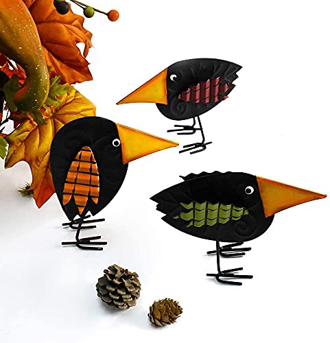 Fall Decor Metal Crow Figurines Set of 3 - Halloween Thanksgiving Autumn Table Decorations