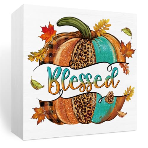 Blessed Pumpkin Wooden Box Sign - Fall Decor Religious Harvest Rustic Home & Office