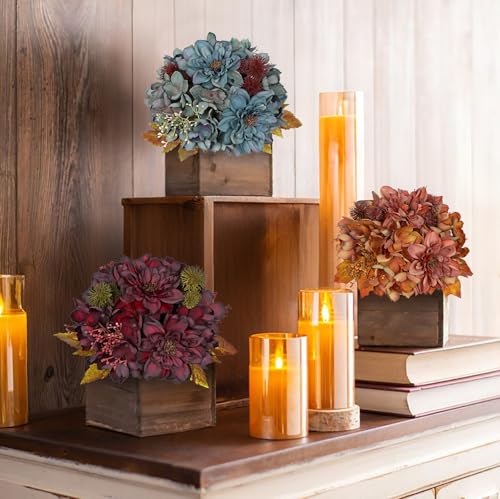 Artificial Fall Flower Bouquet 2 Pack - Blue Silk Dahlia Hydrangea Stems for Home Decor & Weddings