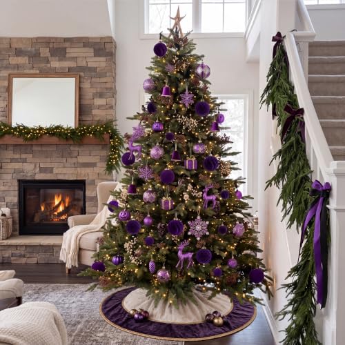 Velvet Christmas Ornaments Set 36PCS Flocked Holiday Decorations - Purple, Shatterproof