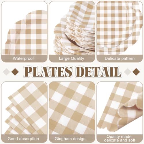 Gingham Party Supplies Set - Brown and Beige Disposable Plates Napkins Cups Cutlery & Tablecloth - 452 Pieces