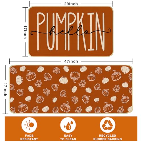 Pumpkin Fall Kitchen Rugs Set of 2 - Terracotta Pumpkin Non-Slip Floor Mats