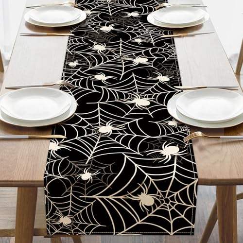 Halloween Spider Web Table Runner - Black White Cobweb Design, 13''x48'' - Seasonal Dining Decor