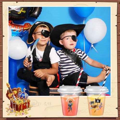 Pirate Party Cups Set with Lids and Straws - 36 Count, 14 oz, Pirate Variation