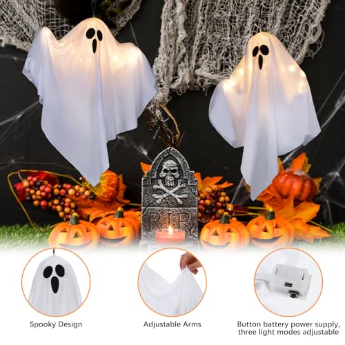 Halloween Ghost Light Decorations Set - 4 Hanging Floating Ghosts with Warm White LED for Indoor Outdoor Use - Variation 4