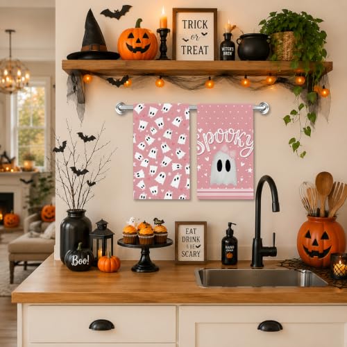 Halloween Pink Ghost Kitchen Towels Set of 2 - Absorbent Dish & Hand Towels