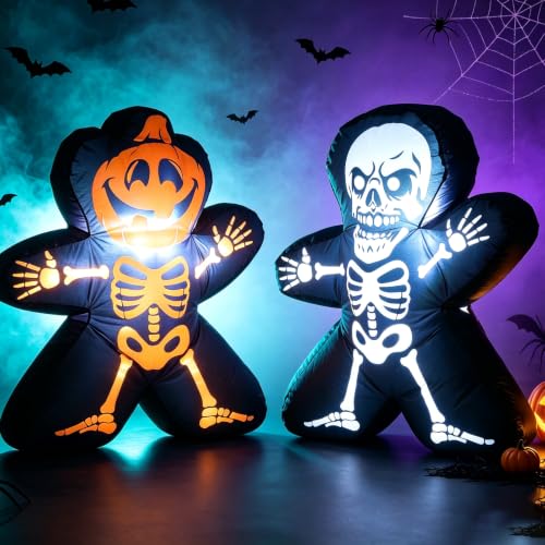 Halloween Inflatable Pumpkin Skeleton Yard Decoration - Square Variation - Light Up, Spooky & Cute