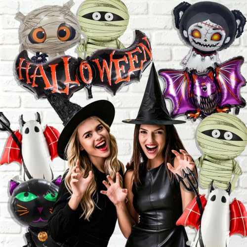 Halloween Balloons Pack with Bat Mummy Ghost Cat & Horror Doll Foil Balloons - Indoor Outdoor Decorations