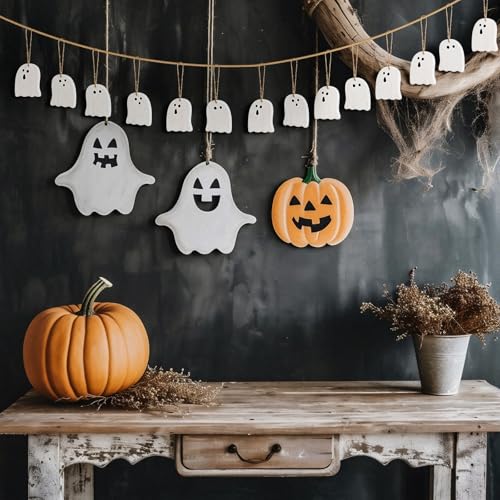 Halloween Ghost Tree Ornaments Set - White Wooden Ghost Decorations, 24 pcs, Farmhouse Holiday Decor