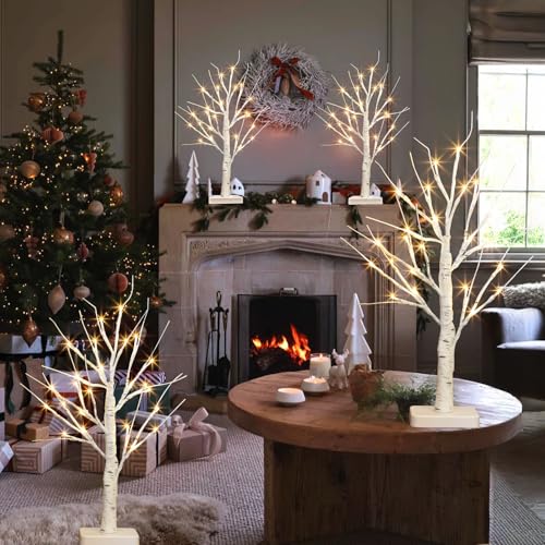 22-Inch Tabletop Birch Tree with LED Lights - Indoor Christmas Decor - Variation of 22inch×4