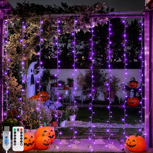 USB Purple Halloween Curtain Lights - 200 LED, 6.5ft x 6.5ft, Remote Control