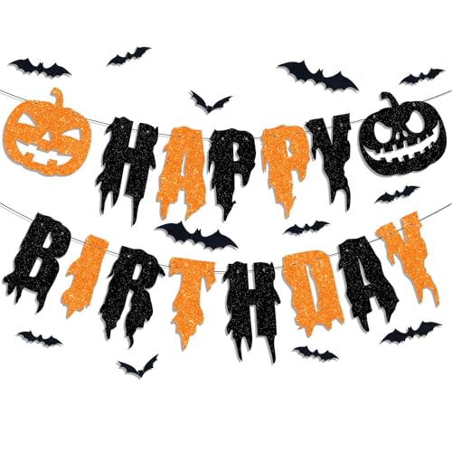 Halloween Birthday Party Decorations - Glitter Happy Birthday Banner with Pumpkins & Bat Wall Decor - Variation: Happy Birthday