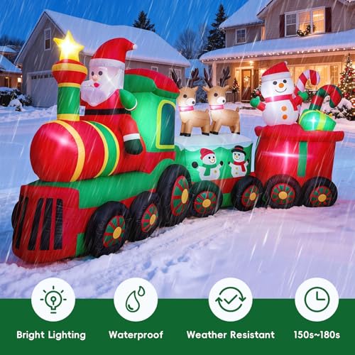 11 FT Christmas Inflatable Train with Santa Reindeer Snowman Outdoor Decorations