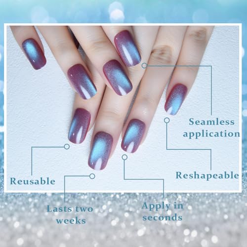 evpct Mauve Blue Reflective Cat Eye Press-On Nails Medium Square - Pack of 1