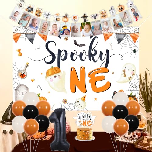 Halloween 1st Birthday Decoration Kit with Balloons Banner Cake Topper Backdrop