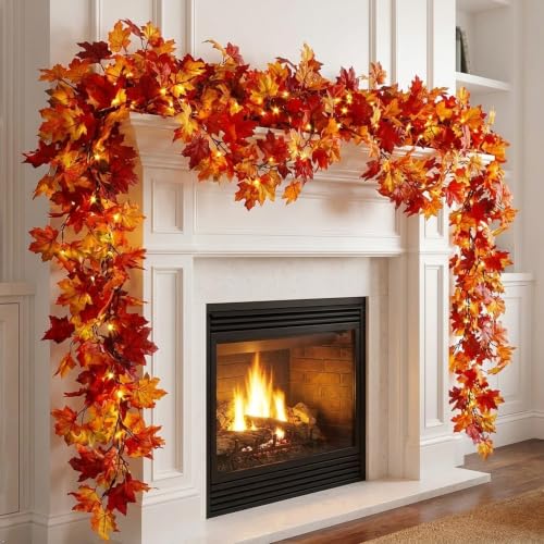 11ft Lighted Fall Leaf Garland with 50 String Lights - Autumn Decor, Indoor & Outdoor