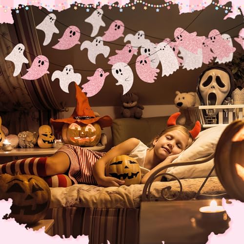 Pink Halloween Ghost Garland Banner - 8.2 ft, Glitter, 4 Pieces, Variation 4