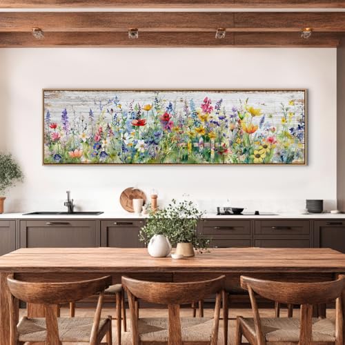 Wood Framed Colorful Wildflower Wall Art - Farmhouse Canvas Decor 14x48” - Flower Landscape