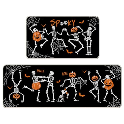 Halloween Gothic Skeleton Kitchen Rugs Set of 2 - Spooky Jack O Lantern & Bat Floor Mats - Skeleton Variation