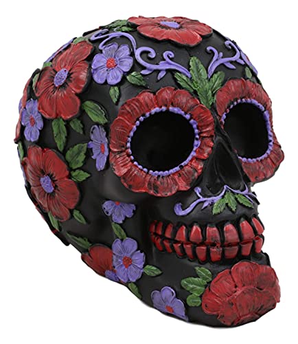 Black Day of The Dead Floral Sugar Skull Figurine - Summer Red & Purple Flowers Variation - Halloween & Dia de los Muertos Decor 6"