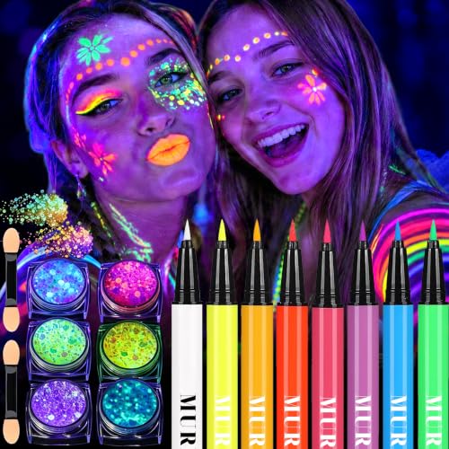 Glow in the Dark Body Face Paint & Glitter Gel Set - UV Neon Liquid Eyeliner, Waterproof & Washable - Variation 02#