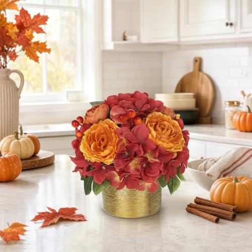 Artificial Fall Rose Hydrangeas with Golden Pot - Autumn Home Decor, Realistic Faux Flowers, Table Centerpiece