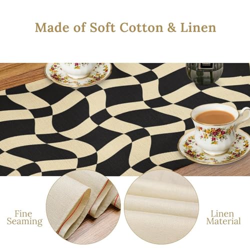 Retro Checkered Table Runner 13x36in - Vintage Black White Groovy Design with Orange Variation