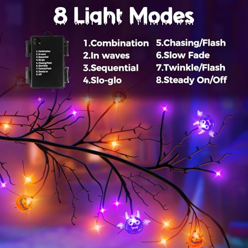 Halloween Willow Vine Twig Lights - Pumpkin & Bat Decor Set, 6ft Waterproof String with Timer