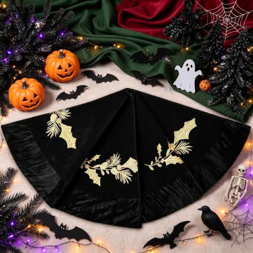 Black Velvet Christmas Tree Skirt 48 Inch with Gold Embroidered Holly - Luxury Holiday Decor
