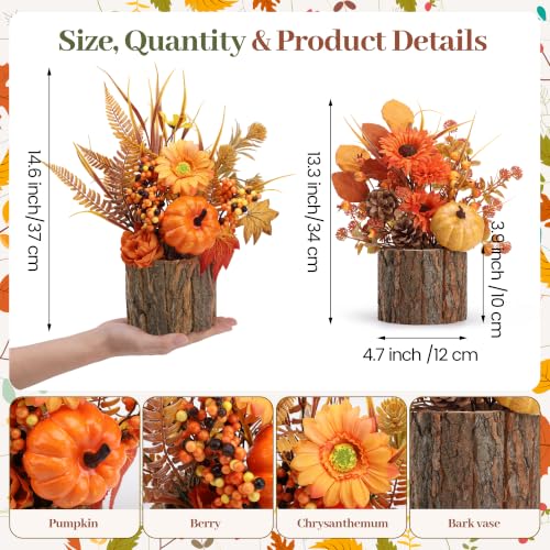 Artificial Fall Table Centerpieces with Rustic Wood Vases - 2 Pack for Thanksgiving & Autumn Decor