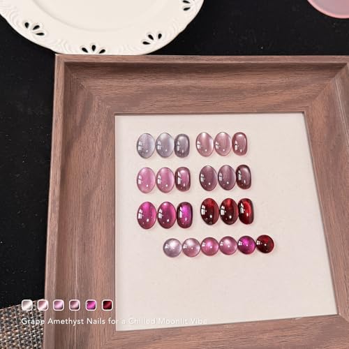 GAOY Purple Red Cat Eye Gel Nail Polish Kit with Magnet - Grape Amethyst, 6 Colors