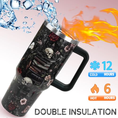 40oz Gothic Skull Rose Tumbler for Book Lovers Insulated Travel Mug - Black