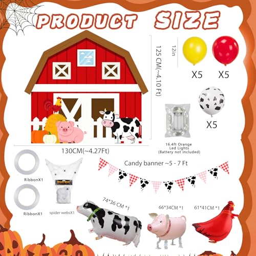 Farm Theme Trunk or Treat Balloon Decoration Set with String Lights - Red, Yellow, Black, White