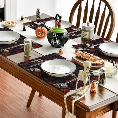 Halloween Skull Rose Placemats - Washable Heat-Resistant Table Mats for Parties & Decor - Style1
