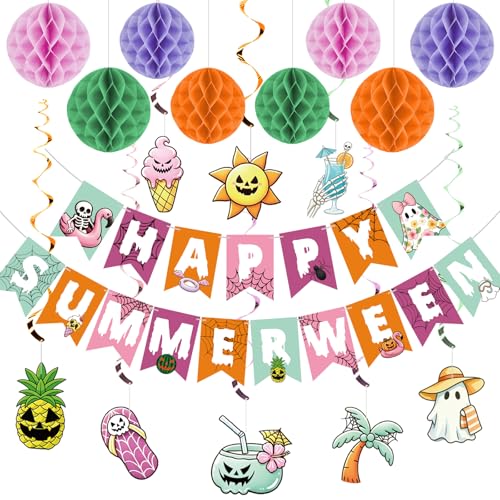 Summer Halloween Party Decorations Set - Banner, Swirls & Honeycomb Balls