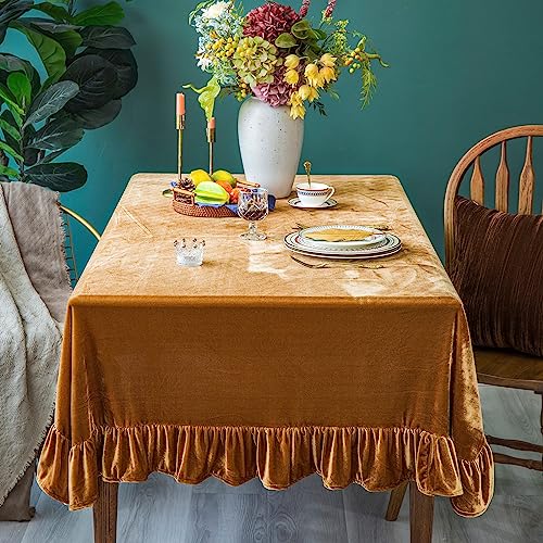 70x52 Inch Velvet Rectangular Tablecloth with Ruffle - Golden Camel