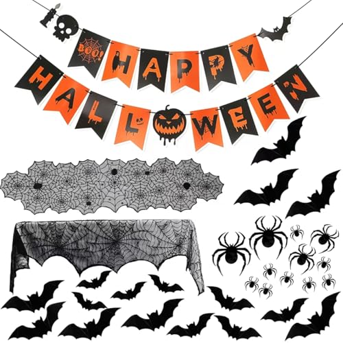 Halloween Decor Set - Mantel Scarf, Spider Table Runner, 3D Bats & Spiders, Happy Halloween Banner - Black 2