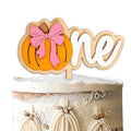 Wooden Pumpkin Cake Topper with Pink Bow - Fall Halloween Thanksgiving Decor - Yellow Variation