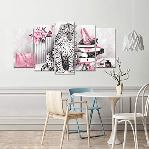 Leopard Canvas Wall Art Prints for Woman Bedroom - Pink, 60x32 Inches - 5 Piece Set