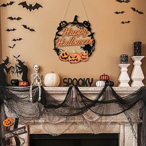 Halloween Wooden Ghost Door Sign Wreath - Large Pumpkin & Black Cat Variation