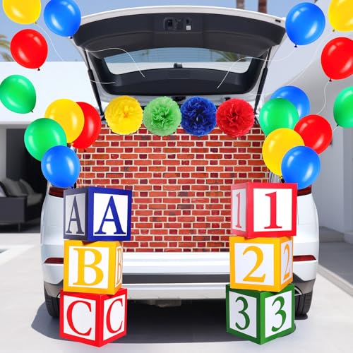 Halloween Trunk or Treat Car Decor Set with Brick Backdrop, ABC Boxes, Balloons & Flowers