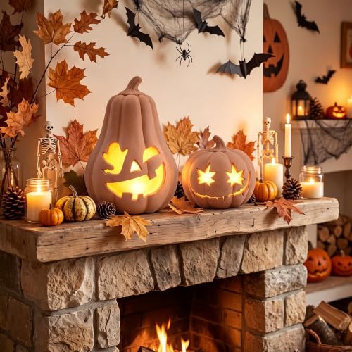 Set of 2 Terracotta Halloween Pumpkins with LED Lights - Indoor & Outdoor Decor