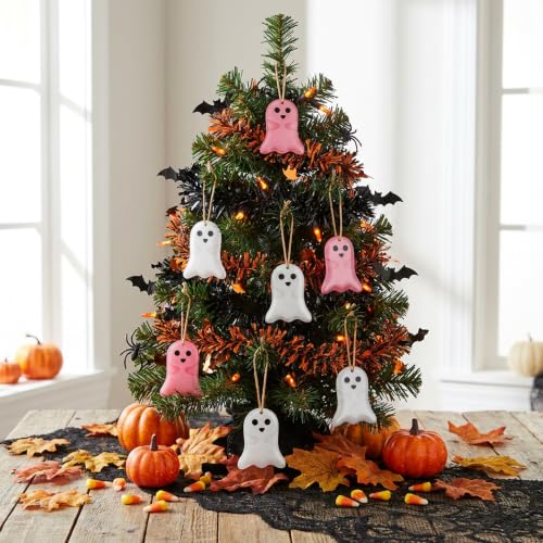 Cute 10 Pack Pink Halloween Ghost Hanging Ornaments - Metal Decor Set