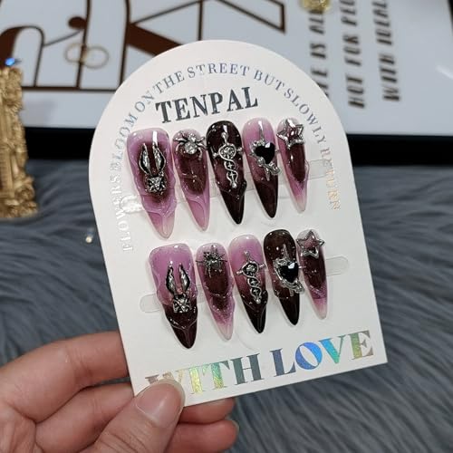 Pink and Black Gothic Stiletto Nails with 3D Cross & Charms - Long Press-On Set (L)