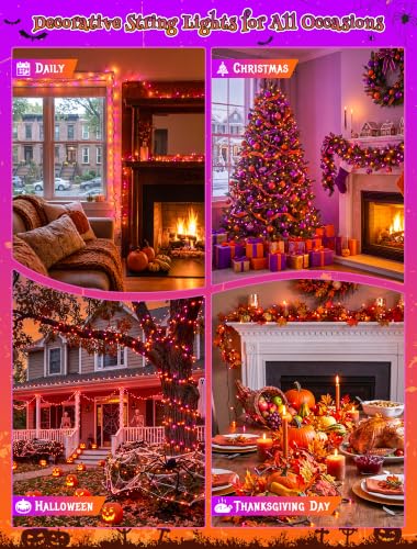 Halloween String Lights 13FT 50 Count Orange & Purple Lights - Brown Wire, Connectable, Waterproof, Festive Decor
