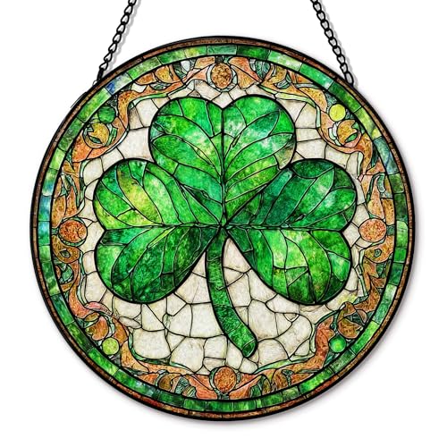 Irish Green Shamrock Sun Catcher - Stained Glass Window Hanging, Lucky Clover Decor - 7.8 Inch - Variation: Shamrock