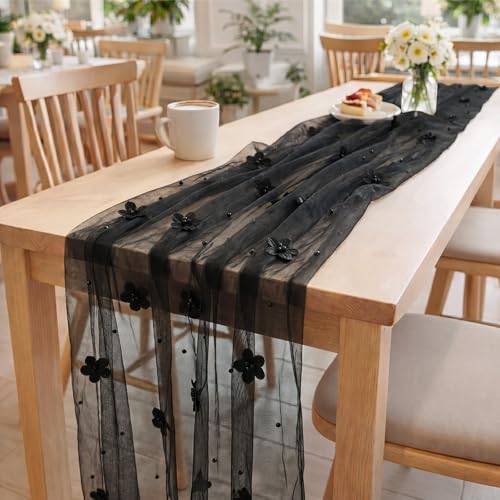 Black Pearl Tulle Table Runner - 6 Pcs 29x120 Inch Gothic Wedding Decor